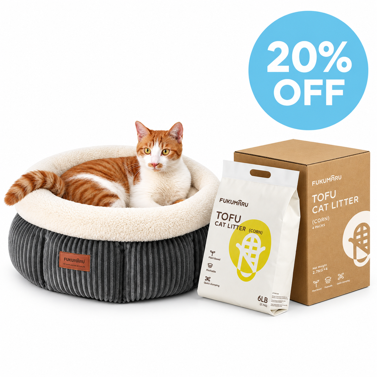 Welcome Home Kit — 10kg Corn tofu litter + Corduroy Round Cat Bed